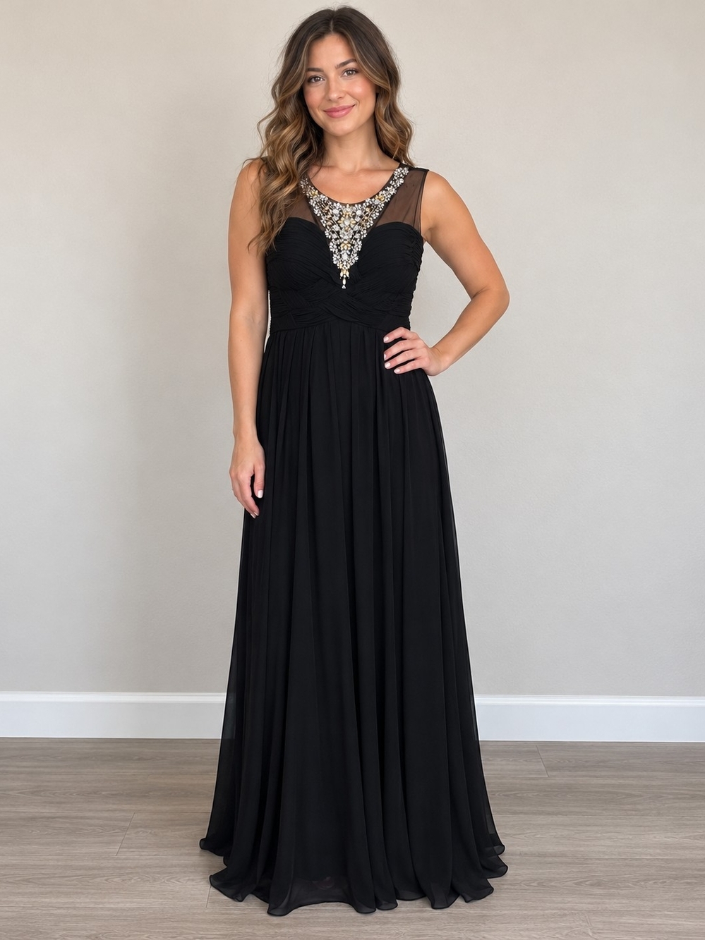 Black Mesh Yoke Evening Gown with Sequin Detail